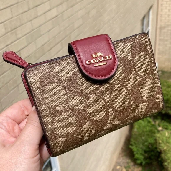 Coach Signature Medium Corner Zip Wallet Khaki Brown Tan Cherry Red Snap Button - Picture 14 of 17